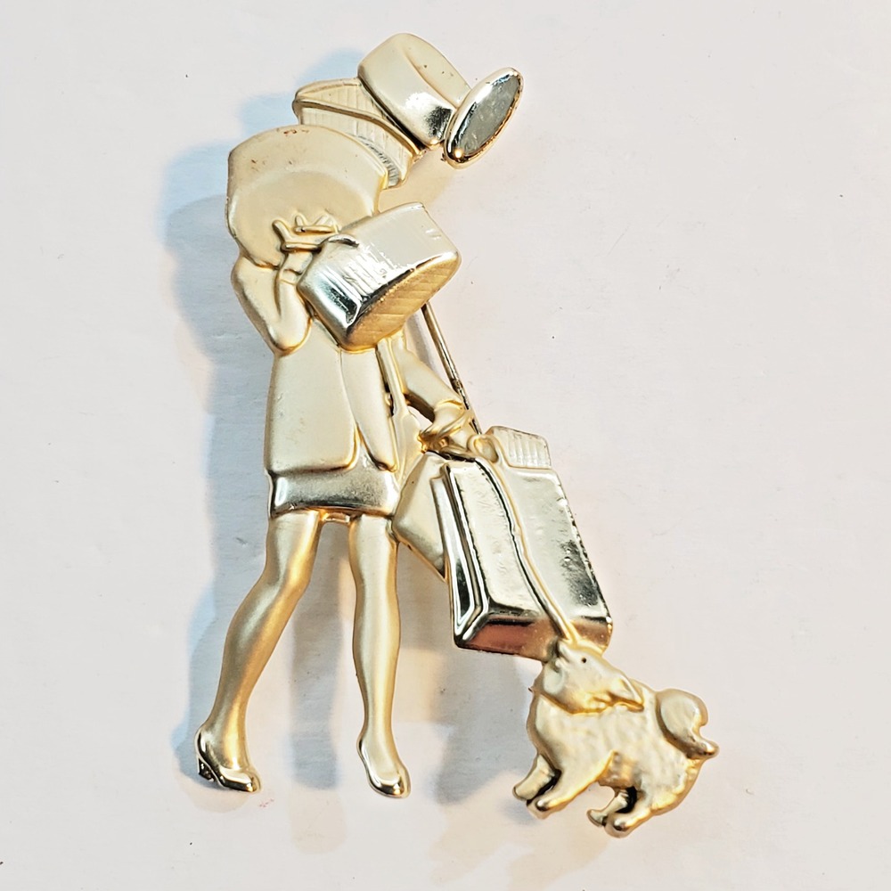Vintage AJC Gold Tone Woman Lady w/ Packages Dog Shopping Brooch Pin 2.5 inch